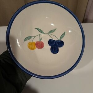 Gaetano USA Ceramic Bowl Blue Rim Hand Painted Cherries Yellow Red Blue